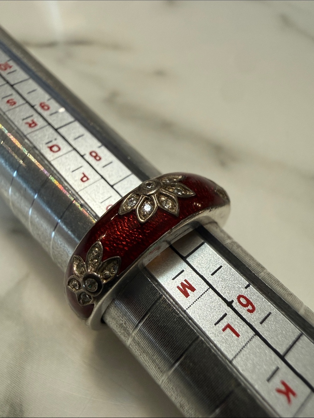 Silver and red enamel ring with CZ starbursts, size 7